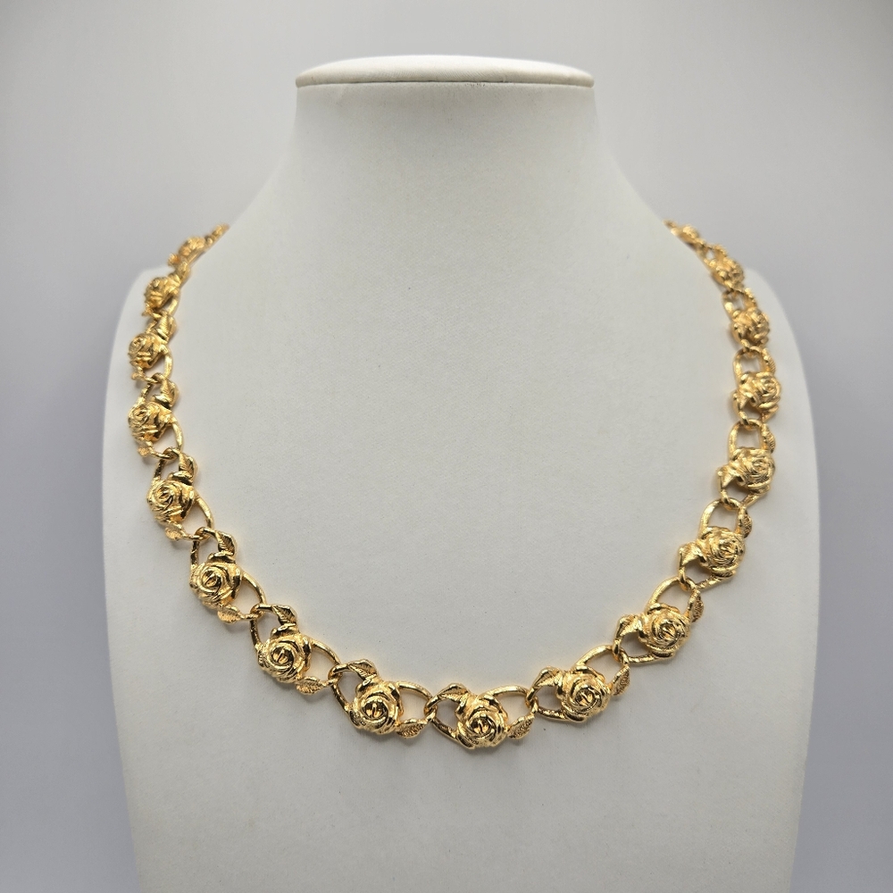 Goldtone Rose Choker Necklace Flower Floral Chain Link Statement Vintage Vtg